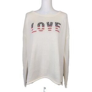 Marled Love Sweater Womens XL Ivory Red Blue Embroidered Patriotic America 250